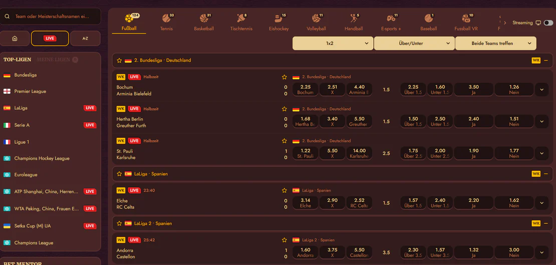 5 Gringos Casino live sportweddenschappen met actuele quoteringen voor voetbal, tennis en basketbal, inclusief Bundesliga en La Liga